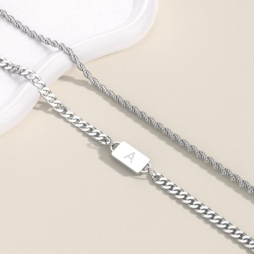 2PCS Initial Letter Stainless Steel Bracelet, A-Z Letter Pendant Silver Gold Black Cuban Rope Link Chain for Men Women Jewelry Set - color: Silver