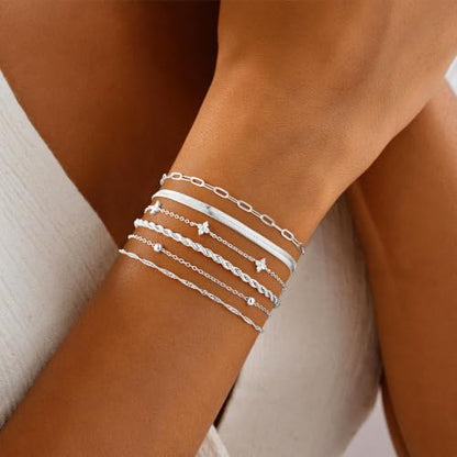M MOOHAM Gold Bracelets Set for Women No Tarnish | 14K Gold Plated, Dainty Stackable Bracelets Stack for Women, Herringbone Paperclip Rope Cuban Chain Bracelet Set Stack - color: 2.Rope CZ Snake Set-S