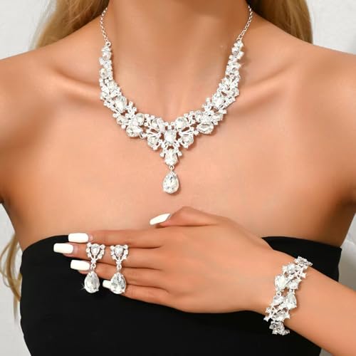 NEWITIN 4 Pieces Crystal Jewelry Set for Women Wedding Costume Accessories | Hypoallergenic, Cubic Zirconia, Necklace Earrings Bracelet, Tennis, Silver Jewelry for Wedding Bride Bridesmaid Party Prom - color: Silver Shiny