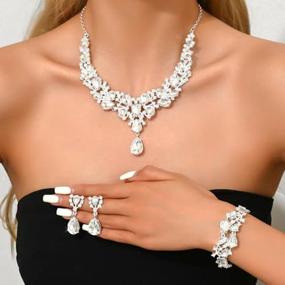 NEWITIN 4 Pieces Crystal Jewelry Set for Women Wedding Costume Accessories | Hypoallergenic, Cubic Zirconia, Necklace Earrings Bracelet, Tennis, Silver Jewelry for Wedding Bride Bridesmaid Party Prom - color: Silver Shiny