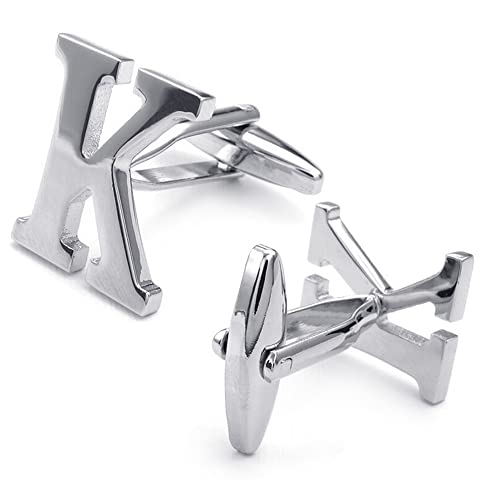 HONEY BEAR Initial Letter Cufflinks for Men Wedding Business | Personalized, Tarnish-Resistant, Steel-Plated Copper Base, Gift Box, for Groomsmen, Father, Husband, Anniversary - style: K Silver