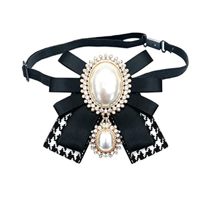 FASELE Bow Brooch Pre-Tied Neck Tie Pearl Brooch Pin Striped Bow Tie for Women Wedding Party Bow Tie - color: Black White/Adjustable