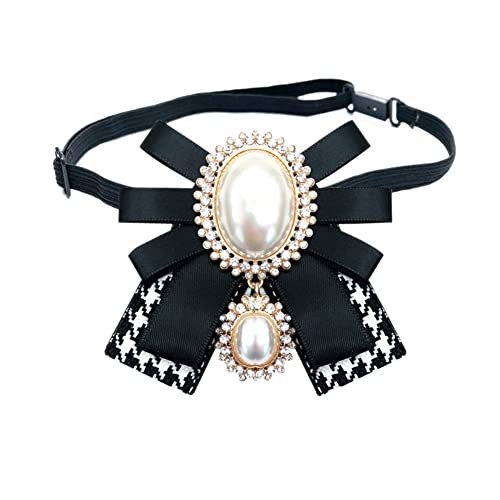 FASELE Bow Brooch Pre-Tied Neck Tie Pearl Brooch Pin Striped Bow Tie for Women Wedding Party Bow Tie - color: Black White/Adjustable