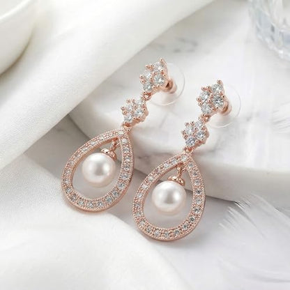 Mariell Pearl Bridal Wedding Earrings for Bride, Pearl Jewelry for Bridesmaid, Prom, Mother of the Bride - color: Rose Gold Pierced