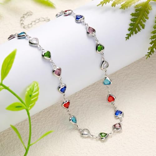 Silver Plated Colorful Heart Charm Bracelet For Women Adjustable Chain Bracelet Multi-Color Cubic Hearts Bracelets Trendy Charm Jewelry For Friend Valentine’S Day Birthday Festival Gifts