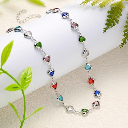 Silver Plated Colorful Heart Charm Bracelet For Women Adjustable Chain Bracelet Multi-Color Cubic Hearts Bracelets Trendy Charm Jewelry For Friend Valentine’S Day Birthday Festival Gifts