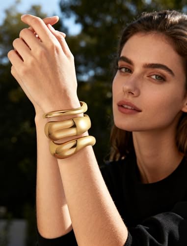 Chunky Gold Bangle Bracelets for Women – 14k Gold Plated | Cuff Bangles, Stackable Bracelet Set, Wide Trendy Fashion, Jewelry Gift - color: 02-Gold-3pcs