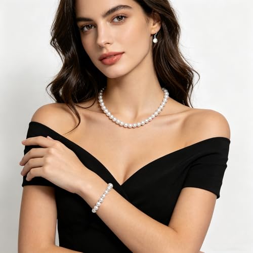12 Pcs Pearl Necklace Jewelry Sets for Women- 4 Sets Classic 8mm White Faux Pearl Necklace Earring and Bracelet Set - Beaded Necklaces Jewelry for Wedding Bridal Shower Gifts