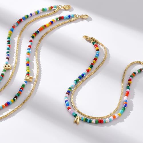 KissYan Initial Ankle Bracelets for Women | Layered Colorful Beaded Anklet with 14K Gold Chain, Waterproof Dainty Jewelry Gift for Summer Beach - style: S