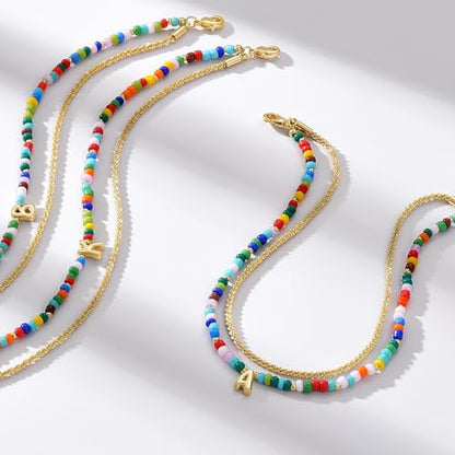KissYan Initial Ankle Bracelets for Women | Layered Colorful Beaded Anklet with 14K Gold Chain, Waterproof Dainty Jewelry Gift for Summer Beach - style: S