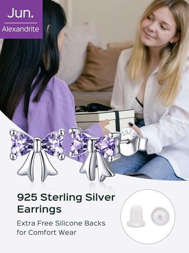 ChicSilver 925 Sterling Silver Bow/Butterfly Earrings for Women Hypoallergenic Birthstone Earrings Dainty Bow/Butterfly Jewelry Gift for Women - color: Bow-June-Alexandrite