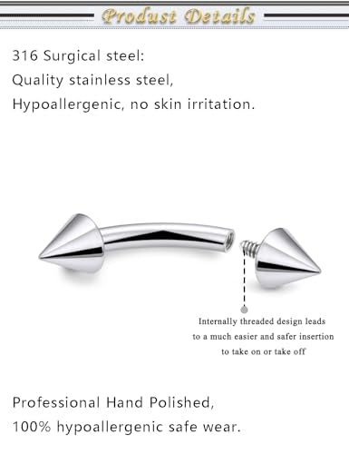 Internally Threaded Eyebrow Piercing Jewelry Surgical Steel Tiny Eyebrow Rings Vertical Labret Lip Jewelry Small Ear Rook Earring for Women Men 18g 16g 14g Plus Piercing Ball Grabber Tool - color: silvertone, size: 14g,spike end