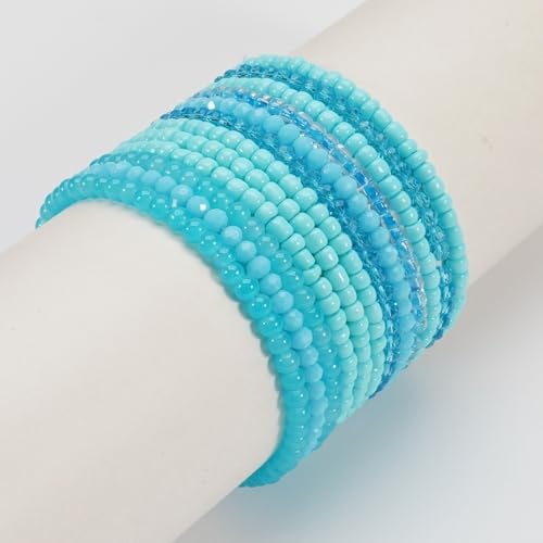 12Pcs Bohemia Multilayer Resin Seed Beaded Stackable Bracelets Colorful Crystal Glass Beads Stretch Bracelet BFF Friendship Elastic Wristbands for Women Men Summer Beach Boho Vacation Jewelry - color: Blue