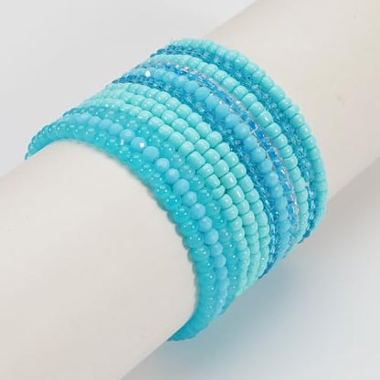12Pcs Bohemia Multilayer Resin Seed Beaded Stackable Bracelets Colorful Crystal Glass Beads Stretch Bracelet BFF Friendship Elastic Wristbands for Women Men Summer Beach Boho Vacation Jewelry - color: Blue
