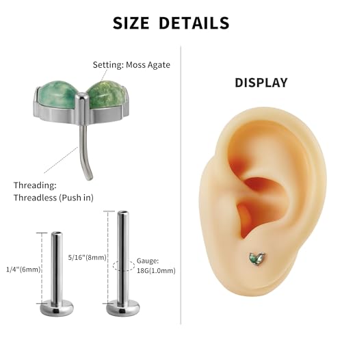1PC ASTM F136 Titanium Piercing Jewelry for Tragus Conch Helix Flat Labret 18G 6mm 8mm, Cartilage Earring Flatback Stud - color: Moss Agate Grass - Tit