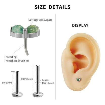 1PC ASTM F136 Titanium Piercing Jewelry for Tragus Conch Helix Flat Labret 18G 6mm 8mm, Cartilage Earring Flatback Stud - color: Moss Agate Grass - Tit