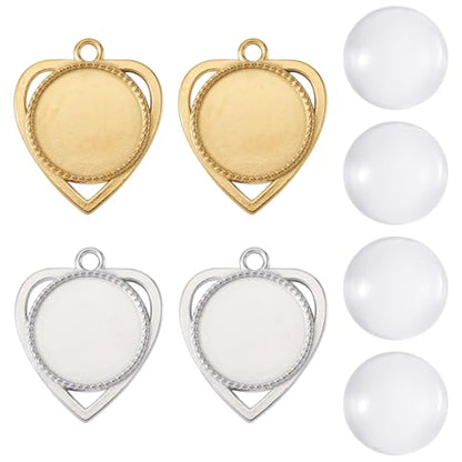 Craftdady Stainless Steel Pendant Cabochon Settings Heart Square Teardrop Flat Round Oval Rectangle Blank Bezel Trays Base Pendant with Glass Cabochons for DIY Earrings Necklace Jewelry - color: Stainless Steel Color Heart
