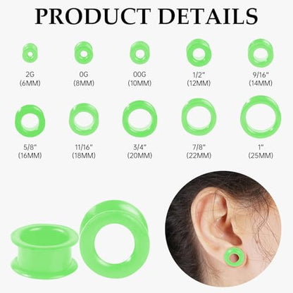 20Pcs Silicone Ear Gauges 2G-25mm Flexible Ear Tunnels Gauges Soft Expander Stretching Ear Plugs Tunnels Black Earring Piercings Jewelry for Men Women - color: Thick Green-1 Silicone