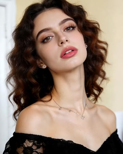 Silver Heart Jewelry Set for Women with Cubic Zirconia Heart Pendant CZ Adjustable Chain Necklace and Minimalist Small Stud for Wedding