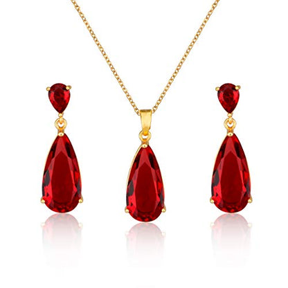 Wedding Jewelry Set for Bridesmaids - Sterling Silver Teardrop CZ Crystal Cubic Zirconia Rhinestone Diamond Bridal Necklace Earrings Set for Bride Mother of Bride Party Prom Birthstone Costume Jewelry - color: Jul-Ruby
