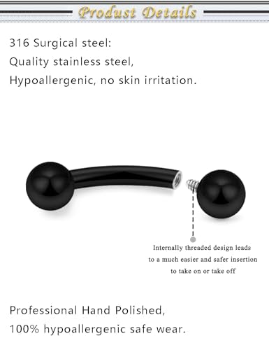Internally Threaded Eyebrow Piercing Jewelry Surgical Steel Tiny Eyebrow Rings Vertical Labret Lip Jewelry Small Ear Rook Earring for Women Men 18g 16g 14g Plus Piercing Ball Grabber Tool - color: black, size: 14g,ball end