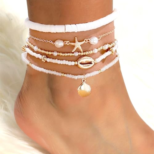 3PCS Boho Anklets for Women Summer Beach Women's Ankle Bracelets Beaded Anklet Bracelet Waterproof Beach Anklets Shell Starfish Anklet Foot Chain Jewelry for Women - color: 5PCS/styleA