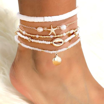 3PCS Boho Anklets for Women Summer Beach Women's Ankle Bracelets Beaded Anklet Bracelet Waterproof Beach Anklets Shell Starfish Anklet Foot Chain Jewelry for Women - color: 5PCS/styleA