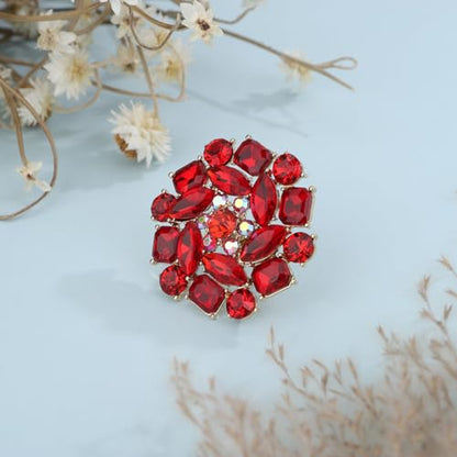 Xerling Red Rhinestone Big Flower Rings Women Crystal Cocktail Party Rings Bridal Wedding Prom Ring Aesthetic Costume Rings for Teens - color: Red