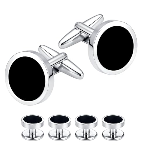 Men's Black Onyx Cufflink & Tuxedo Shirt Stud Set, 16mm Rhodium-Plated Brass, Elegant Gift Box - style: 2 Cufflinks & 4 studs