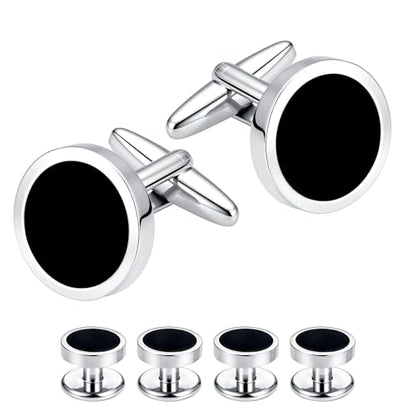 Men's Black Onyx Cufflink & Tuxedo Shirt Stud Set, 16mm Rhodium-Plated Brass, Elegant Gift Box - style: 2 Cufflinks & 4 studs