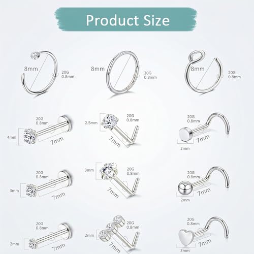 20G Nose Rings Hoop Set for Women, 12PCS Hypoallergenic Stainless Steel Comfortable for Ear Stack Daily Wear Dainty Non Tarnish Nose Hoop Stud Set, L Shaped CZ Threadless Flat Back Nose Stud Piercing Jewelry - color: 20G(0.8MM)-Sliver