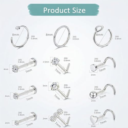 20G Nose Rings Hoop Set for Women, 12PCS Hypoallergenic Stainless Steel Comfortable for Ear Stack Daily Wear Dainty Non Tarnish Nose Hoop Stud Set, L Shaped CZ Threadless Flat Back Nose Stud Piercing Jewelry - color: 20G(0.8MM)-Sliver