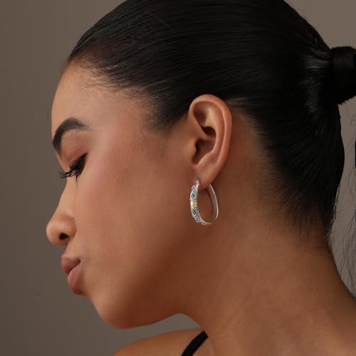 LeCalla 925 Sterling Silver Bali-Style Hoop Earrings Lightweight Click-Top Antique Two-Tone Beaded Italian Bali Style Earring Hoops for Women - style: Pear Bali-style