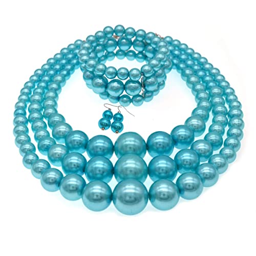 JNF Faux Pearl Statement Necklaces Big Beaded Necklace for Women Chunky Pearls Necklace and Earring Set Large beads Costume Necklace - color: Sky Blue pearl necklace