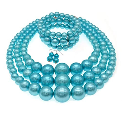 JNF Faux Pearl Statement Necklaces Big Beaded Necklace for Women Chunky Pearls Necklace and Earring Set Large beads Costume Necklace - color: Sky Blue pearl necklace