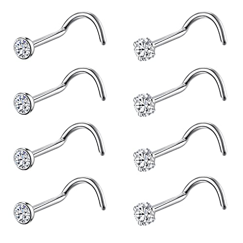 8PCS G23 Titanium Twist Screw Nose Studs 18G 20G Nose Rings 2mm 2.5mm 3mm Clear Pink Purple Aurora CZ Gold Nose Piercing Studs Nostril for Women Men - style: 20g silver clear cz 2.5mm