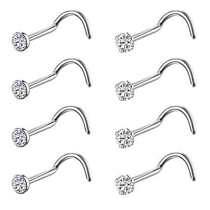 8PCS G23 Titanium Twist Screw Nose Studs 18G 20G Nose Rings 2mm 2.5mm 3mm Clear Pink Purple Aurora CZ Gold Nose Piercing Studs Nostril for Women Men - style: 20g silver clear cz 2.5mm