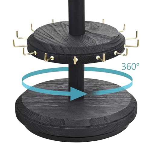 MOOCA 3-Tier Rotating Bracelet Display Stand with 42 Hooks, Jewelry Holder | 3-tier rotating wooden display with 42 hooks keeps bracelets, bangles, watches, and accessories organized and visible. - color: Black, Round Shape