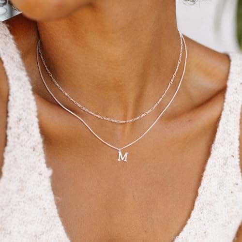 MBW Dainty Silver Layered Initial A-Z Pendant Necklaces for Women Thin | Simple Waterproof 925 Silver Plated Necklace Figaro Choker Monogram Name Jewelry Set Personalized - color: Silver InitIal NK-M