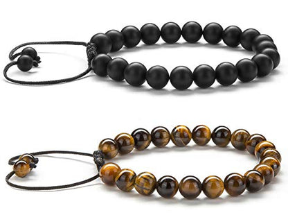 Men Women 8mm Tiger Eye Stone Beads Bracelet - color: Black and Brown