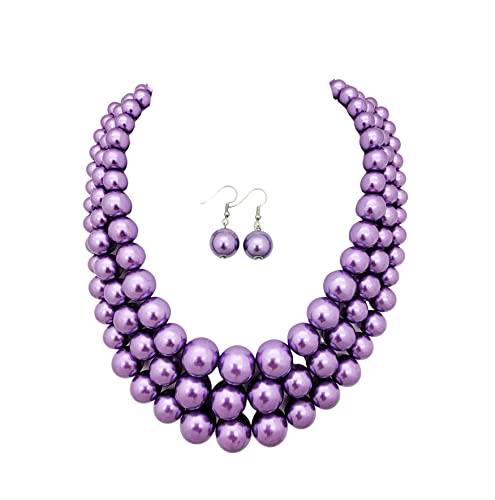 Fashion 21 Women's Faux Pearl Three Multi-Strand Statement Necklace and Earrings Set - color: Lavender