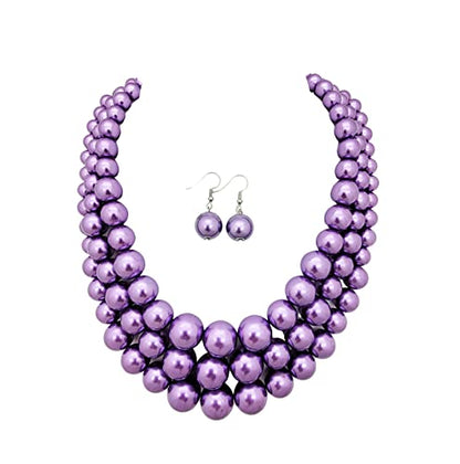 Fashion 21 Women's Faux Pearl Three Multi-Strand Statement Necklace and Earrings Set - color: Lavender