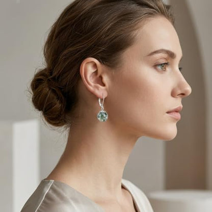 Pearl Leverback Earrings for Women Dangle Round Gemstone Earrings Birthstone Jewelry Gift Anniversary for Her - color: 17 Waterweed Agate