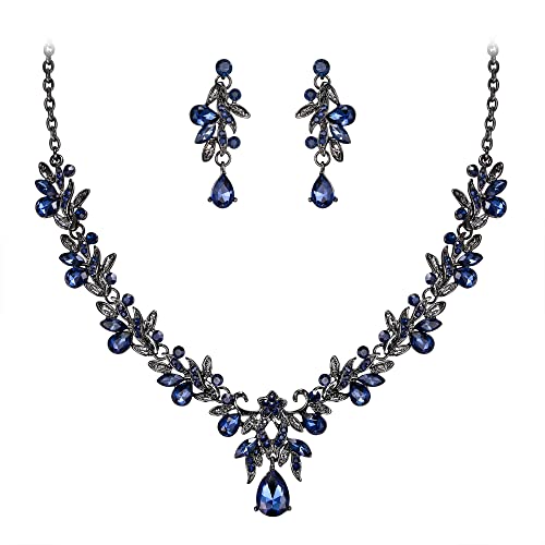 Women's Wedding Jewelry Set Leaf Flower for Bridal Prom Party | Stunning Crystal Teardrop Marquise Cluster Pendant Necklace Dangle Earrings Set for Bride Bridesmaid - color: 06-Sapphire Color Black-Tone