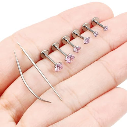 F136 Titanium 20/18/16G Earrings Nose Lip Rings Medusa Tragus Cartilage Helix Labret Flat Back Threadless Implant Grade Stud Piercing Jewelry for Women - color: Pink CZ, size: 18g*6/7/8mm*2/3/4mm