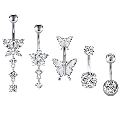 Incaton 14G Belly Button Rings, Stainless Steel Diamond Belly Rings For Women, Dangle Belly Button Rings With Butterfly, 6mm Short & 10mm Bar Navel Piercings - color: Silver 10mm