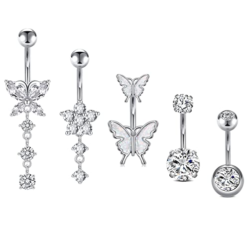 Incaton 14G Belly Button Rings, Stainless Steel Diamond Belly Rings For Women, Dangle Belly Button Rings With Butterfly, 6mm Short & 10mm Bar Navel Piercings - color: Silver 10mm