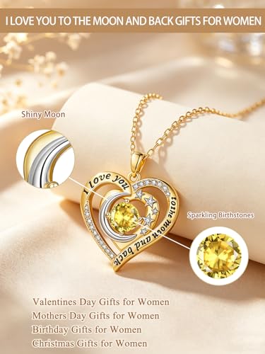 14K Gold I Love You to the Moon and Back Necklace for Women, Double Heart Birthstone Necklace, Moon Star Love Jewelry, Christmas Valentines Mothers Day Birthday Gifts for Wife Mom Girlfriend - color: 11-Nov Birthstone