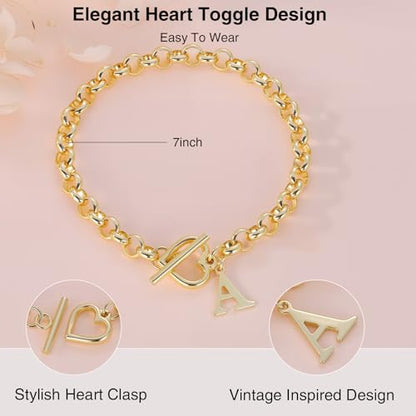 14K Gold Plated Stainless Steel A-Z Alphabet Letter Heart Bracelet | Non-Tarnish Dainty Charm with a Romantic Toggle Clasp Daily Fashion Jewelry, 7-inch Rolo Chain, Personalized Gift for Her - color: C