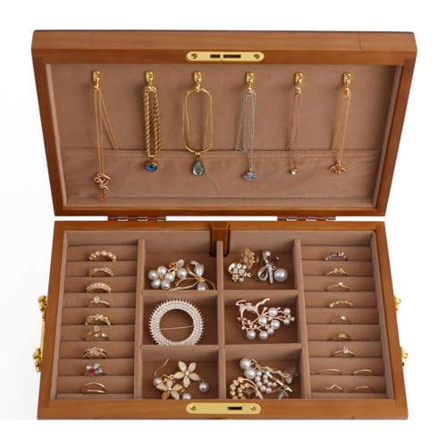 FEECOZ Wooden Jewelry Box Organizer with 2 Drawers, Lock and Key, Multiple Compartments for Rings, Necklaces, Bracelets, Jewelry Boxes for Women